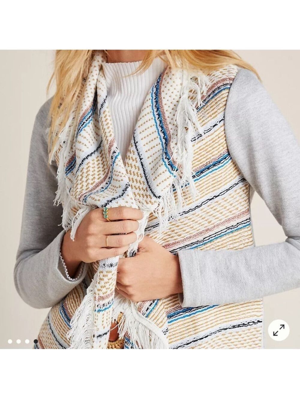 DOLAN ANTHROPOLOGIE Margaux fringed cardigan open front grey cream oversized XS